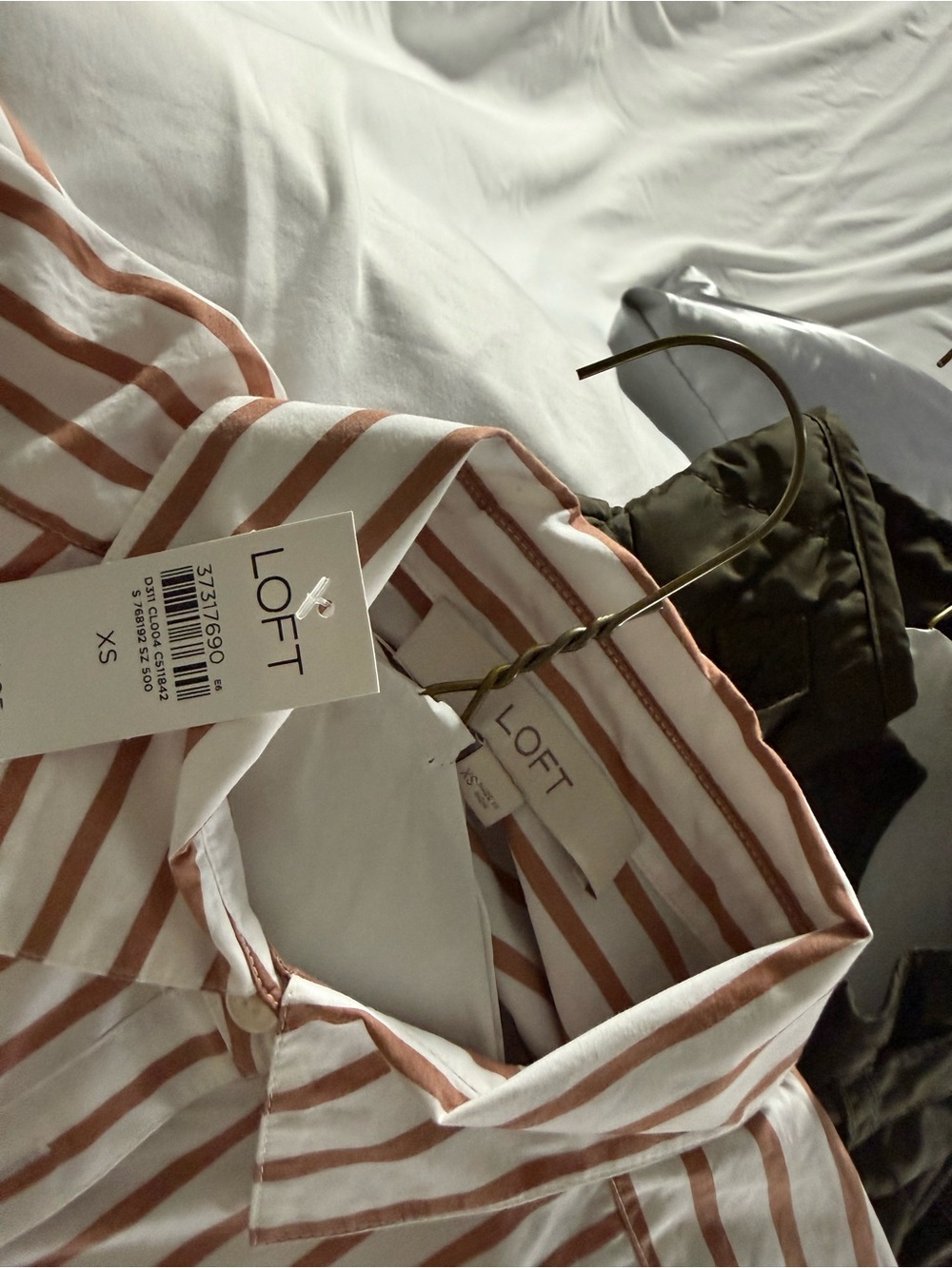LOFT White Button-Down Shirt with Brown Stripes